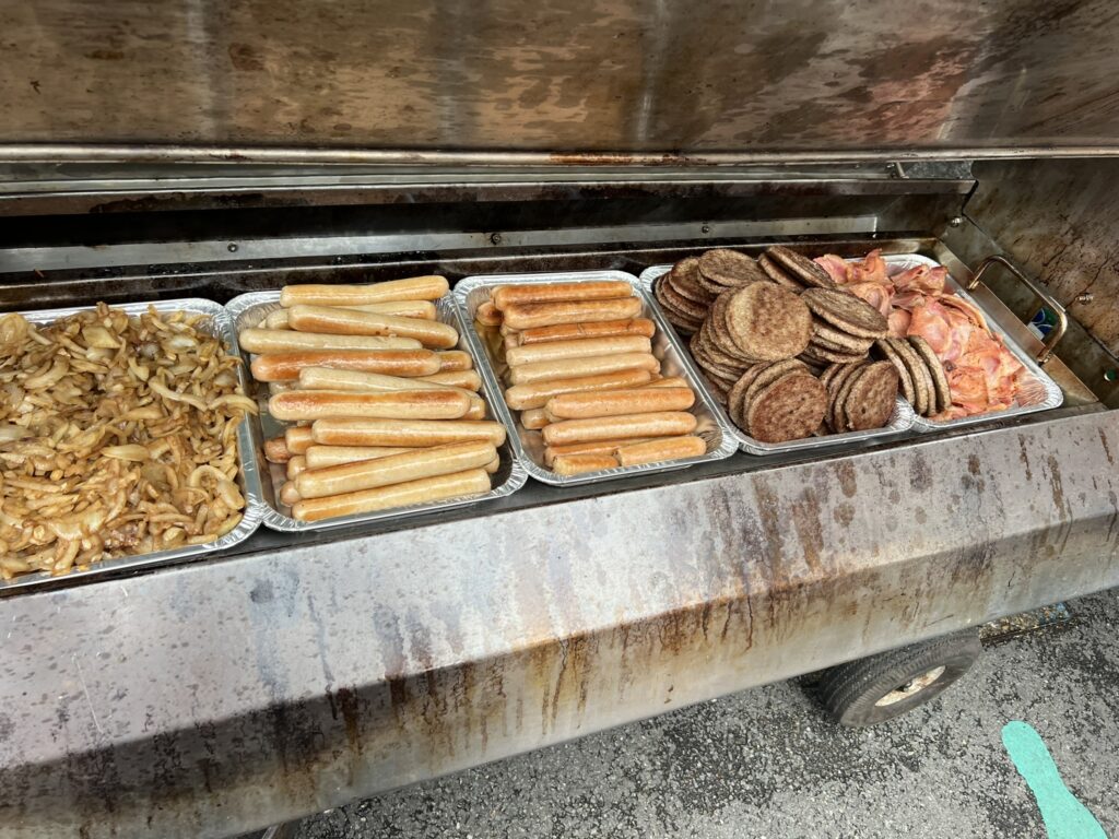 BBQ Oven - keeping the burgers and Jumbo hotdogs warm, ready for serving (along with Onions and Bacon)
